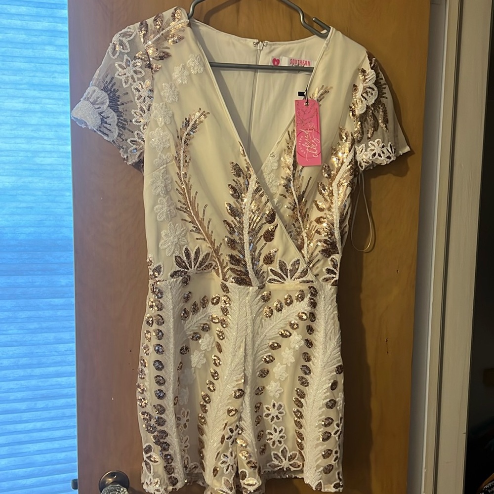 Southern Fried Chics Cream and Gold Embellished Romper